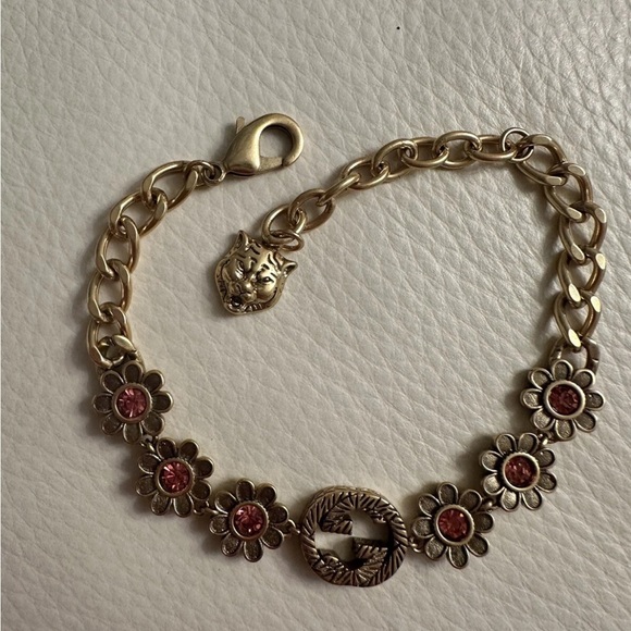Gucci Gold Floral Marmont Crystal Bracelet with Pink Accents
